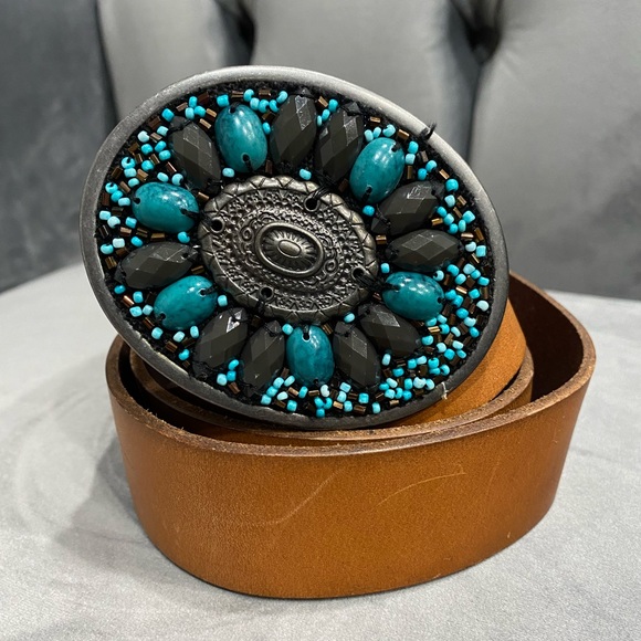 Esprit Oval buckle belt, Women leather belt with blue stones Vintage - Picture 4 of 16